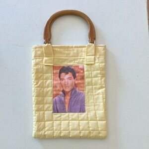 Handmade Yellow Quilted ELVIS Tote Bag with Wooden Handles!